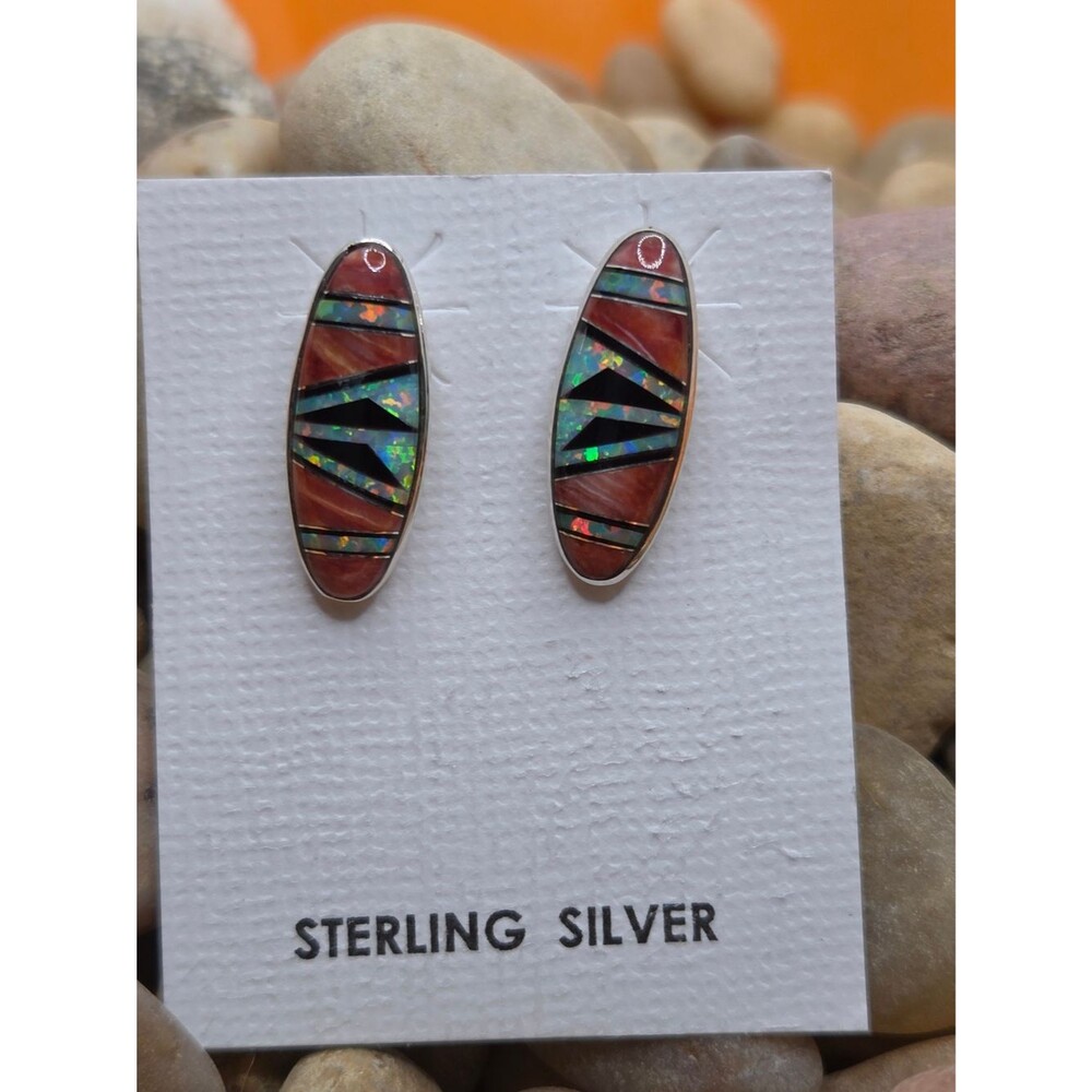 Sterling Silver Spiny Oyster Opal Oval Stud Earrings Native